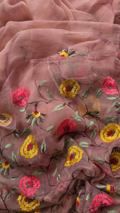 Light pink Kora Cutwork Saree embroidery
