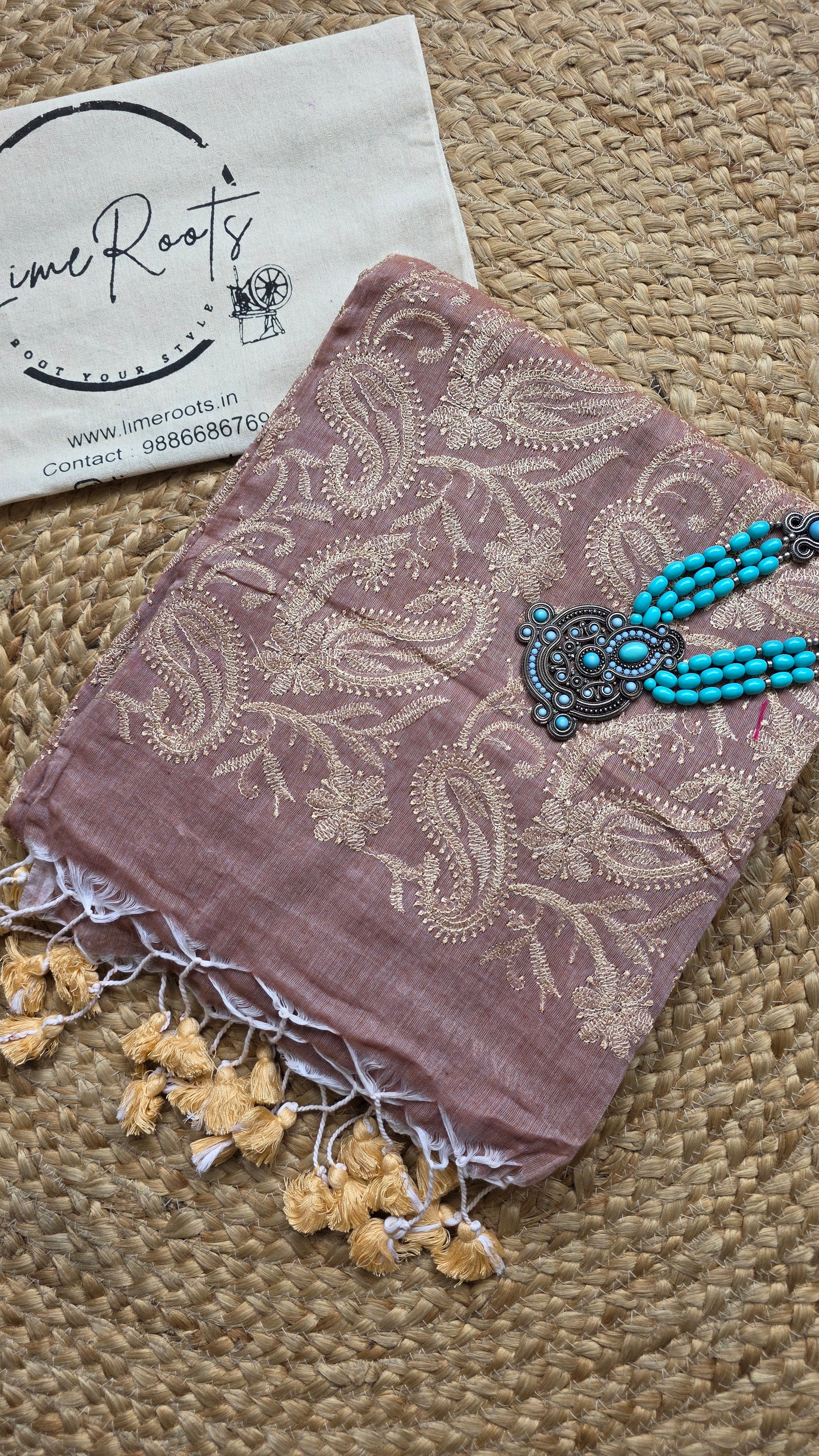 Adaa Cinnamon Mulmul Chikankari embroidery Saree