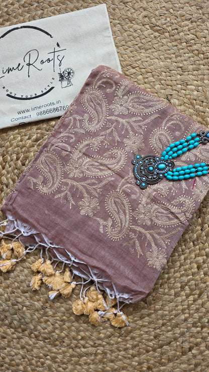 Adaa Cinnamon Mulmul Chikankari embroidery Saree
