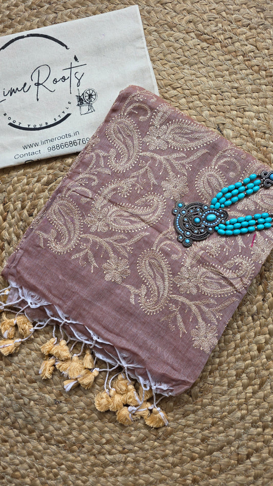 Adaa Cinnamon Mulmul Chikankari embroidery Saree