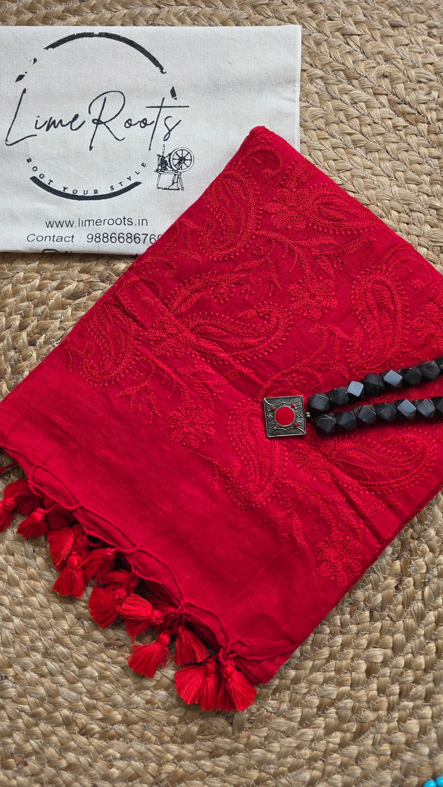 Adaa Red Mulmul Chikankari embroidery Saree