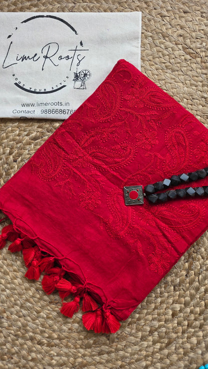 Adaa Red Mulmul Chikankari embroidery Saree