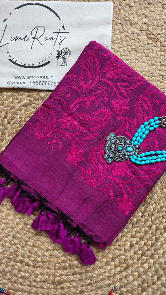Adaa Purple Mulmul Chikankari embroidery Saree
