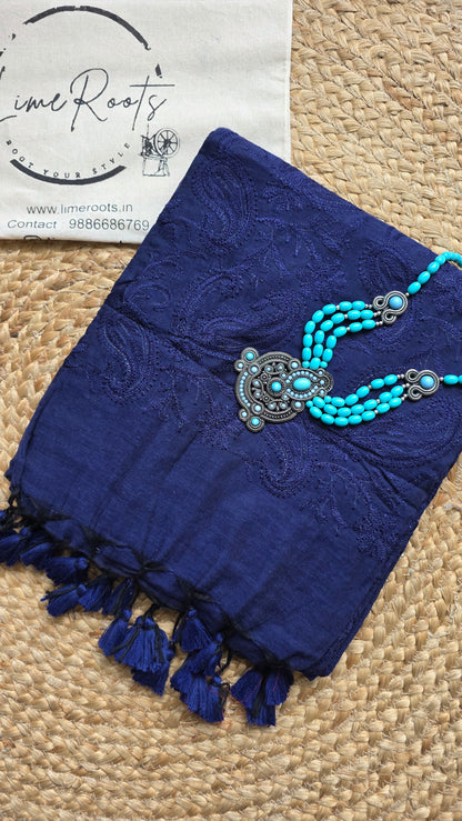 Adaa Blue Mulmul Chikankari embroidery Saree