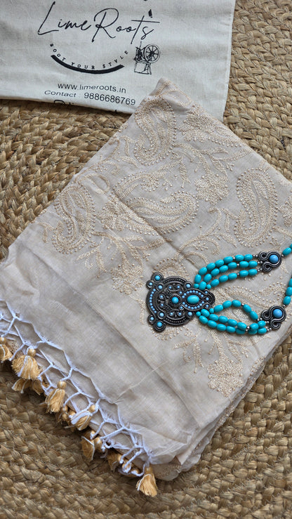 Adaa Ivory Mulmul Chikankari embroidery Saree