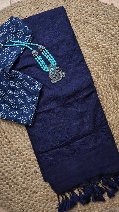 Adaa Blue Mulmul Chikankari embroidery Saree