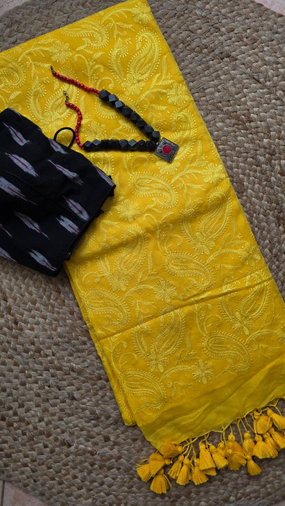 Adaa Yellow Mulmul Chikankari embroidery Saree