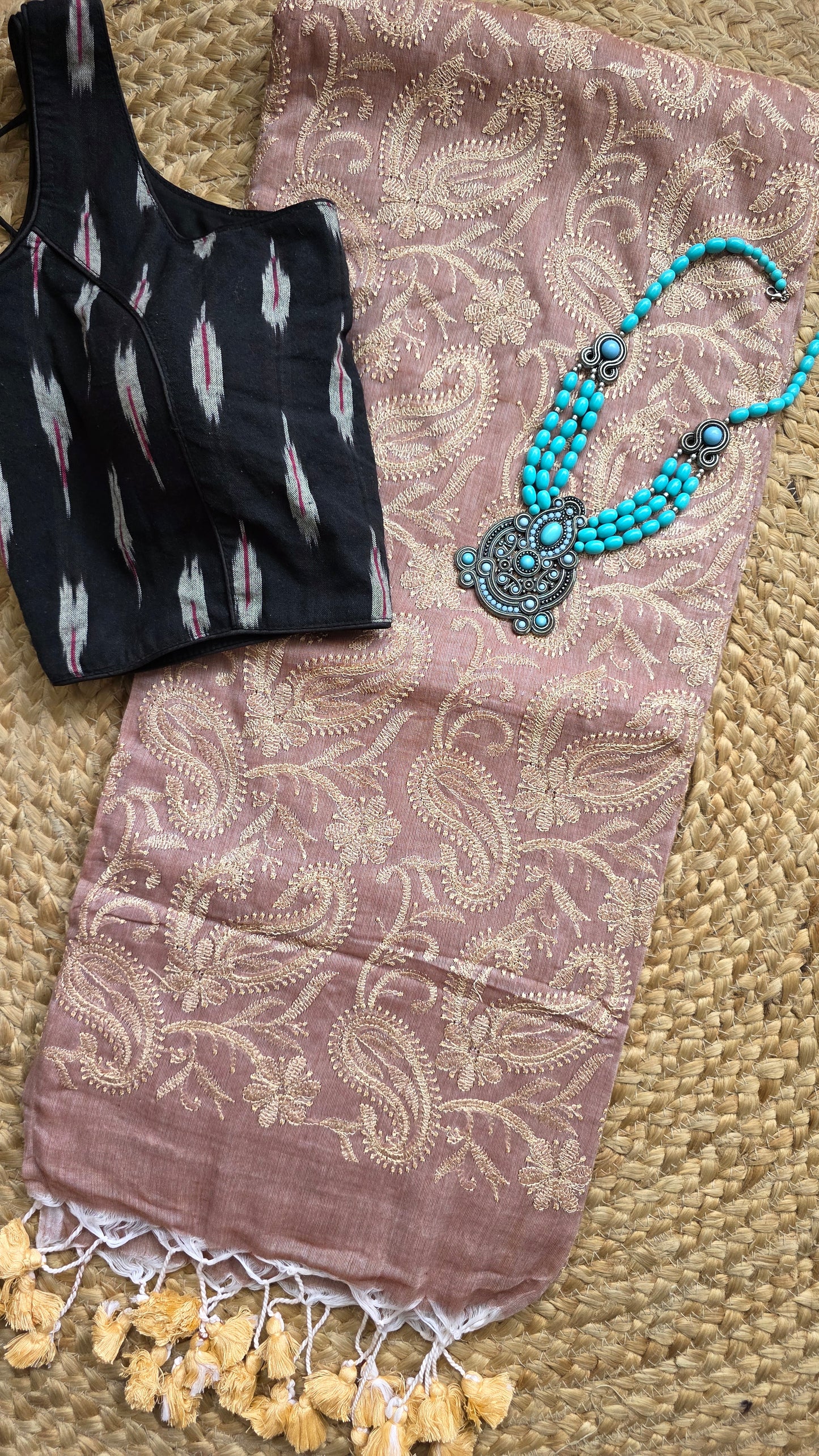 Adaa Cinnamon Mulmul Chikankari embroidery Saree