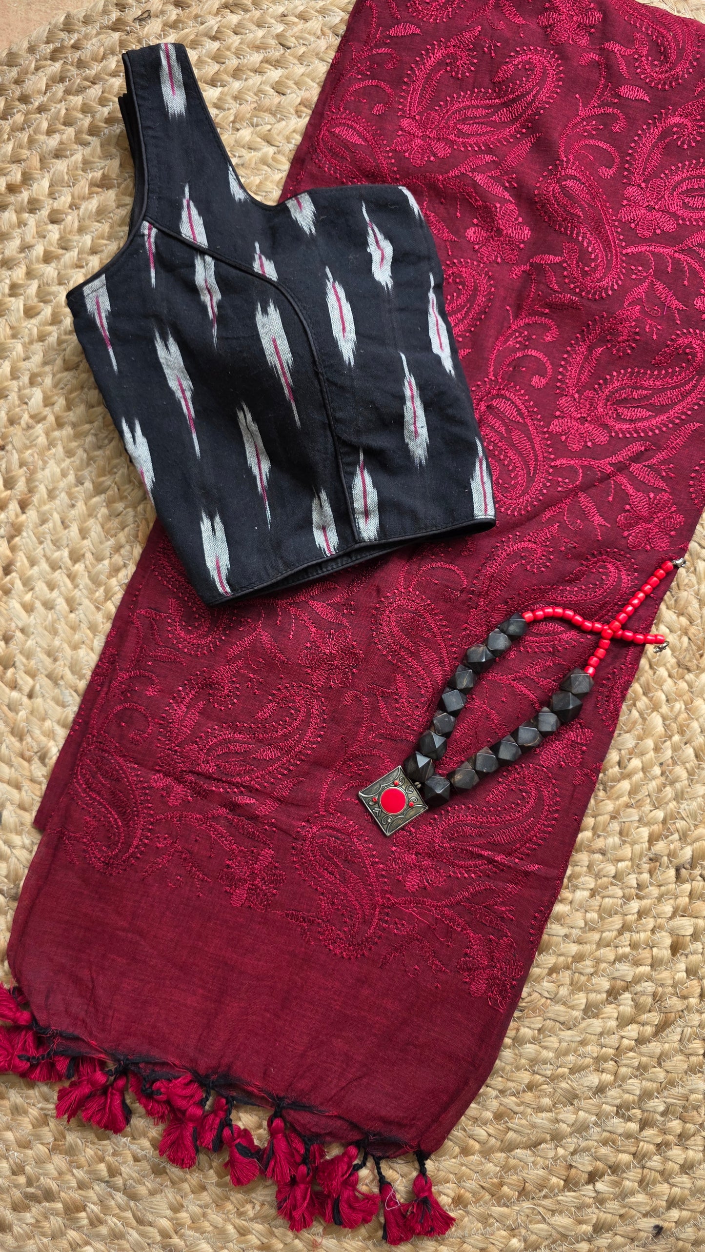 Adaa Terracotta Mulmul Chikankari embroidery Saree