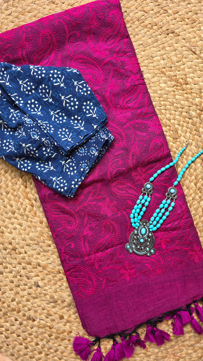 Adaa Purple Mulmul Chikankari embroidery Saree