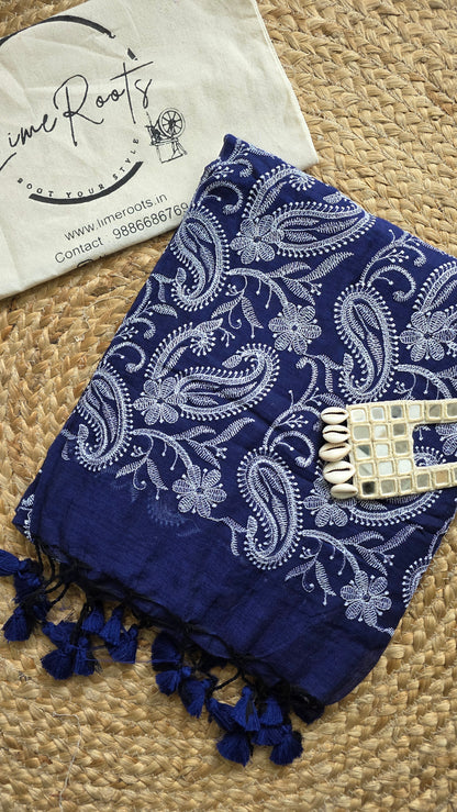 Blue and white Mulmul Chikankari embroidery Saree