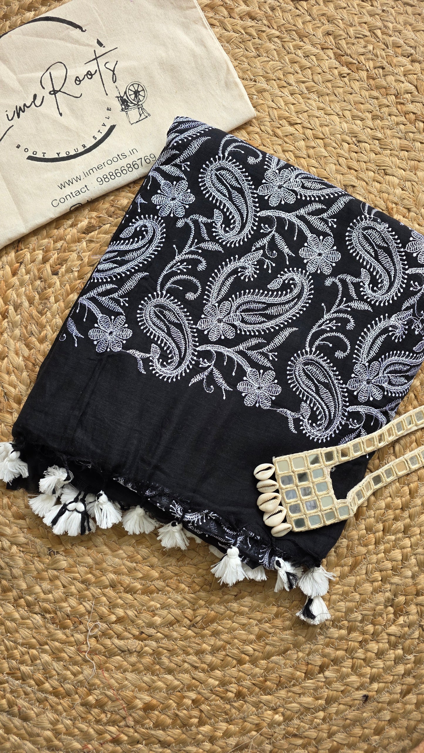 Black and white Mulmul Chikankari embroidery Saree