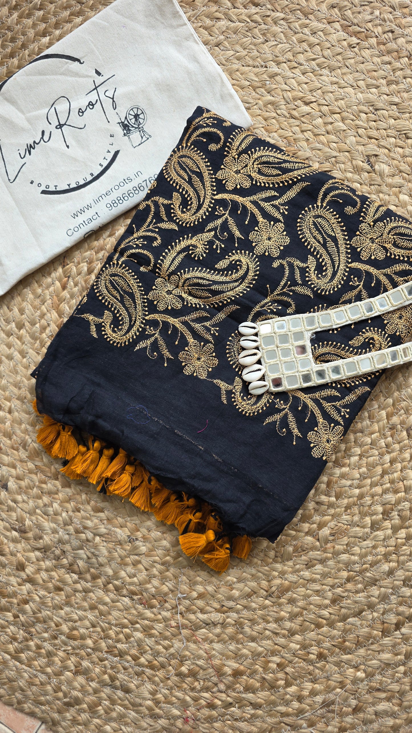 Adaa Black & Rust Mulmul Chikankari embroidery Saree