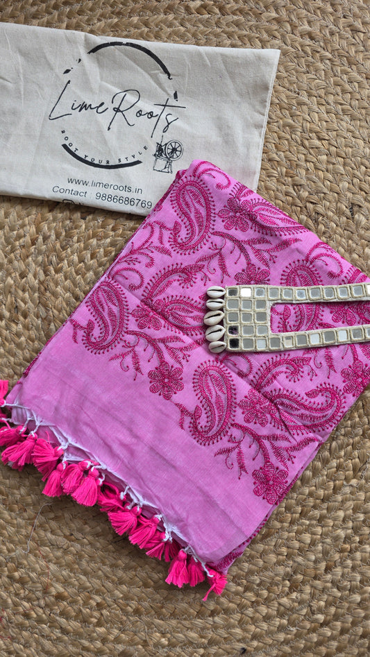 Adaa Pink Mulmul Chikankari embroidery Saree