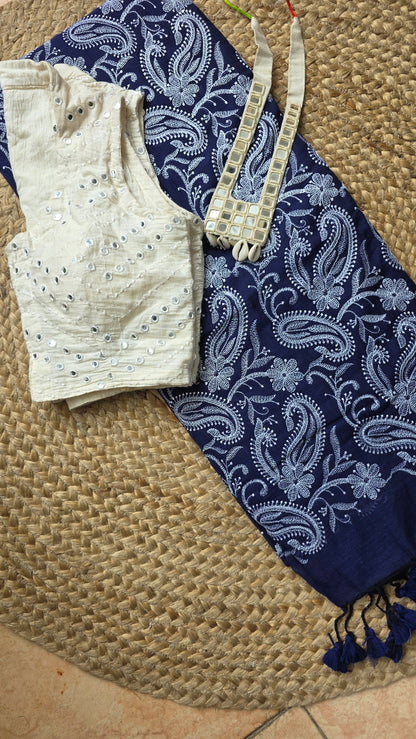 Blue and white Mulmul Chikankari embroidery Saree