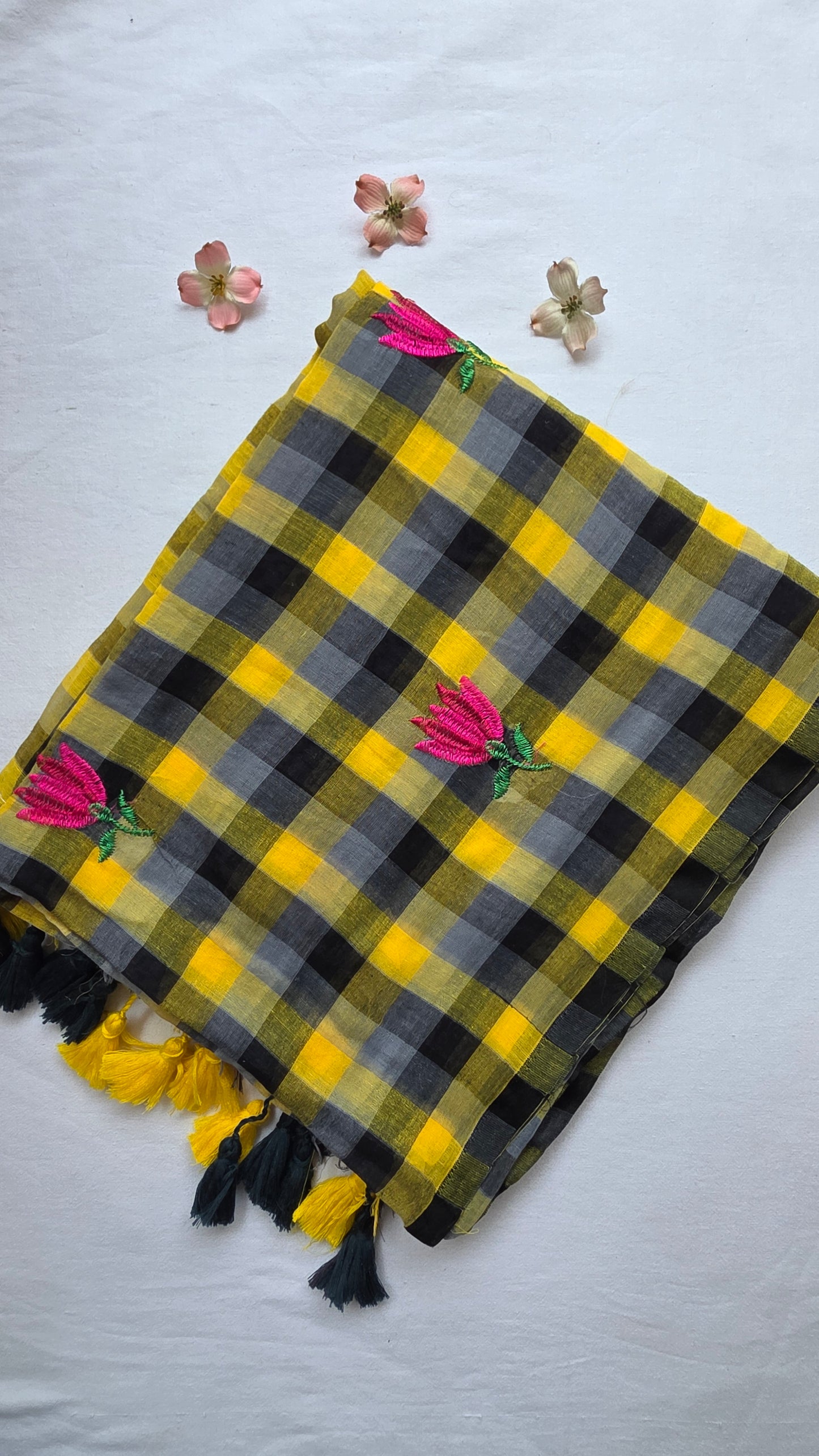 Yellow and black checks mulmul embroidery saree