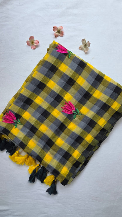 Yellow and black checks mulmul embroidery saree