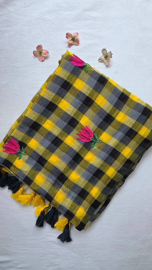 RangJaal | Yellow and black checks mulmul embroidery saree