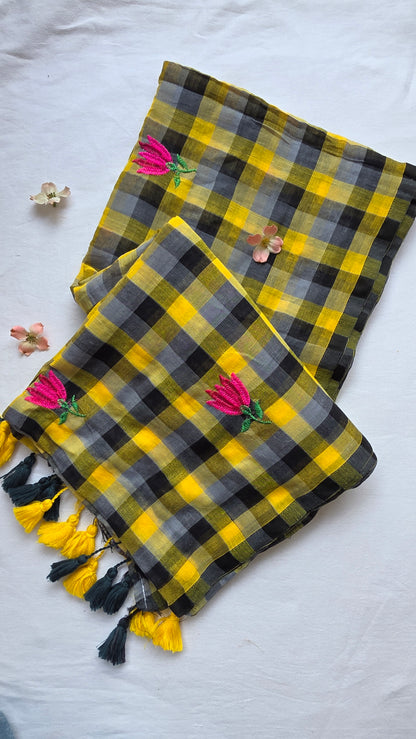 Yellow and black checks mulmul embroidery saree