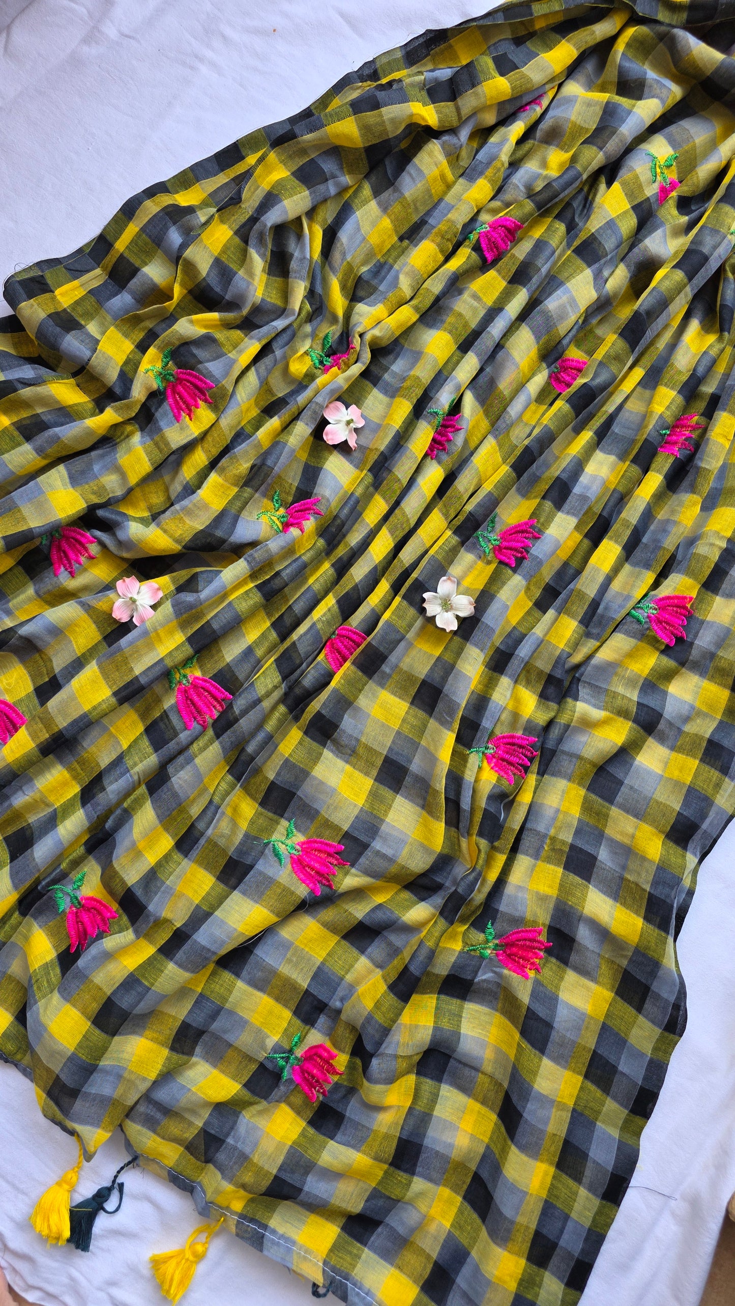Yellow and black checks mulmul embroidery saree
