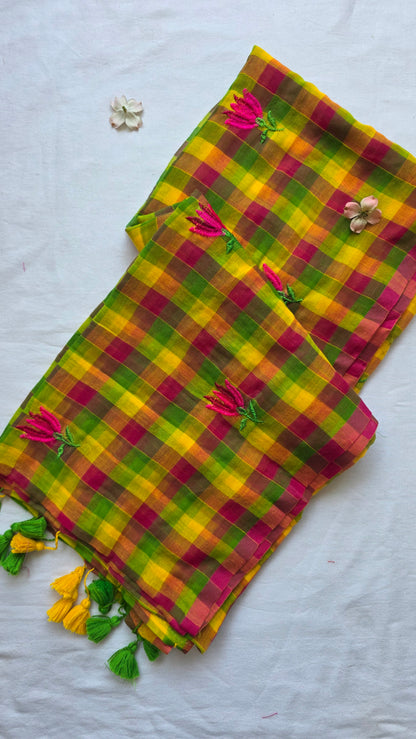 Multi-color checks mulmul embroidery saree