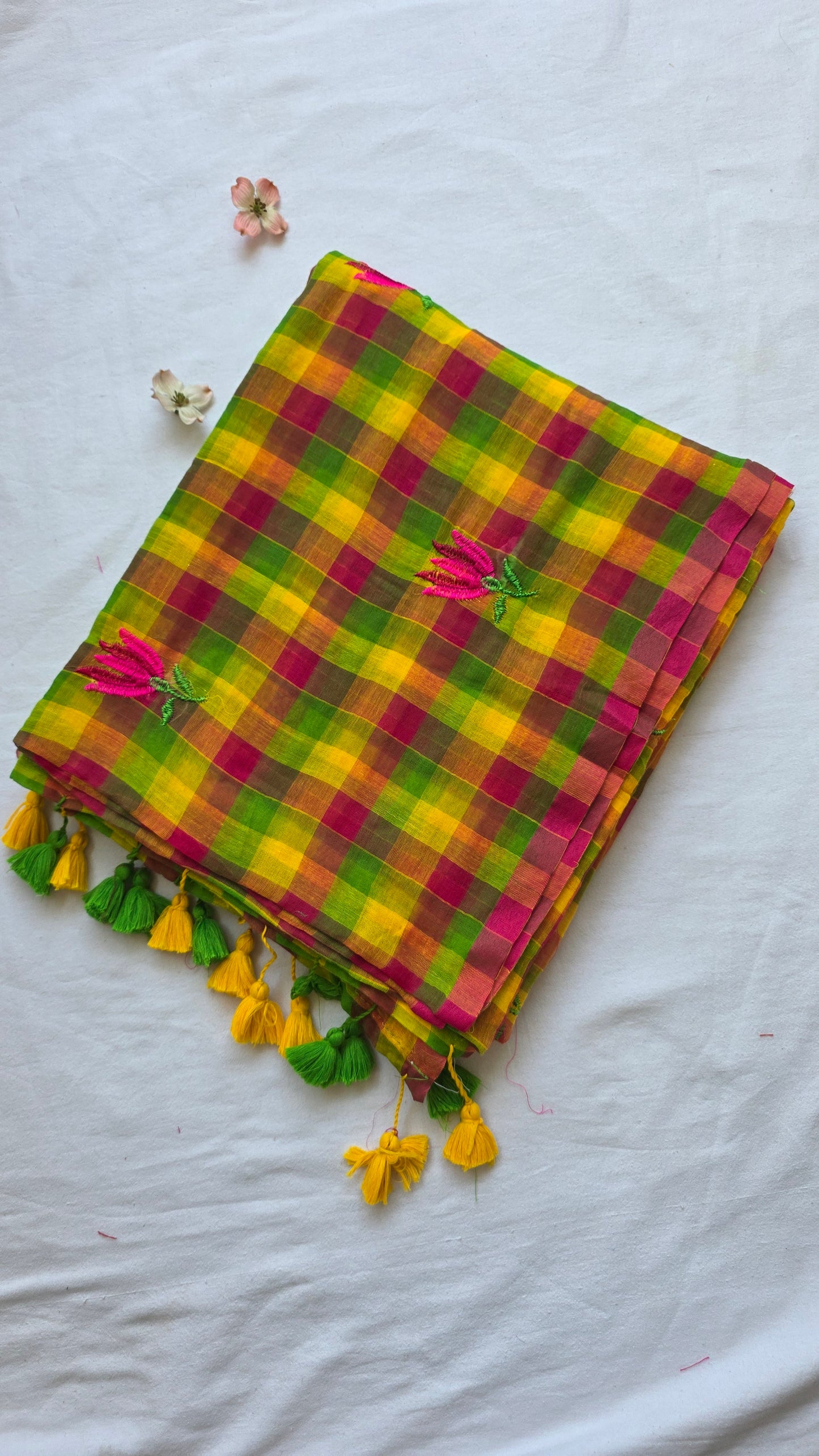 Multi-color checks mulmul embroidery saree