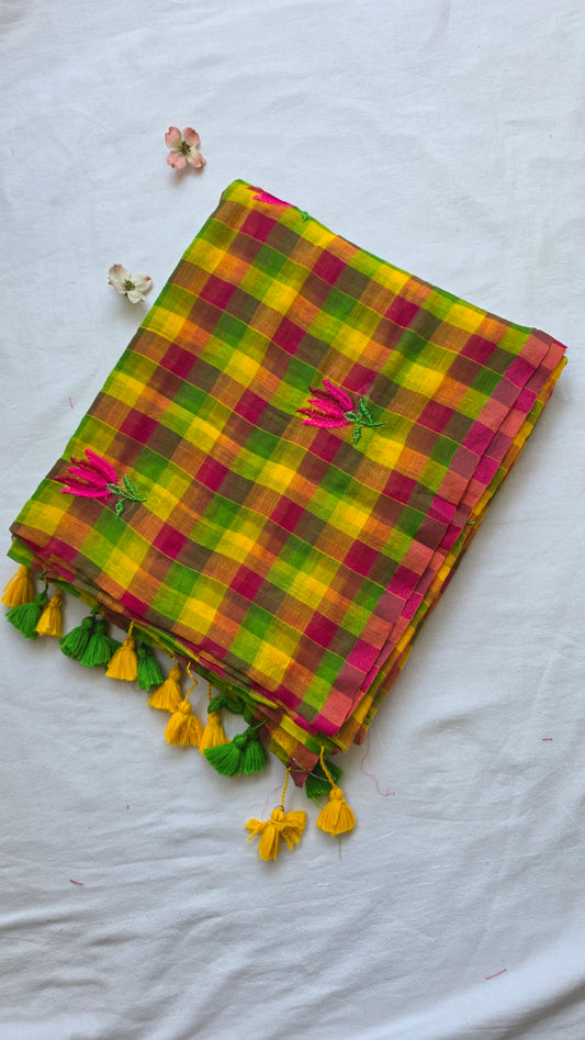 RangJaal | Multi-color checks mulmul embroidery saree