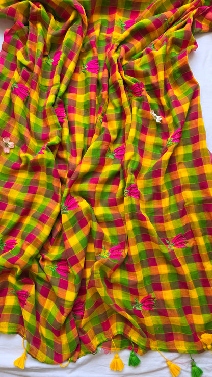 Multi-color checks mulmul embroidery saree