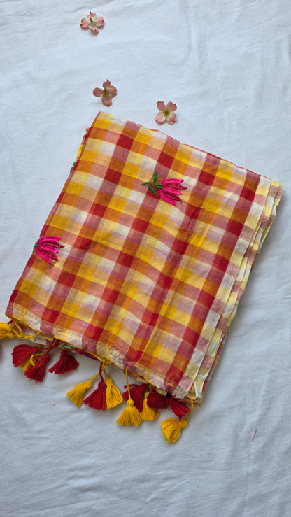 Red and white checks mulmul embroidery saree