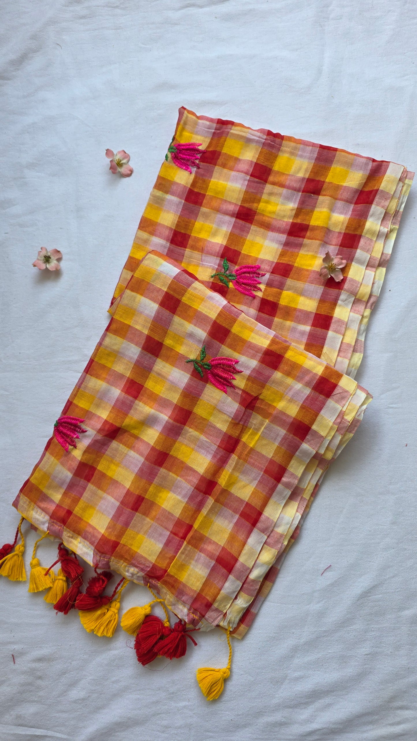 Red and white checks mulmul embroidery saree