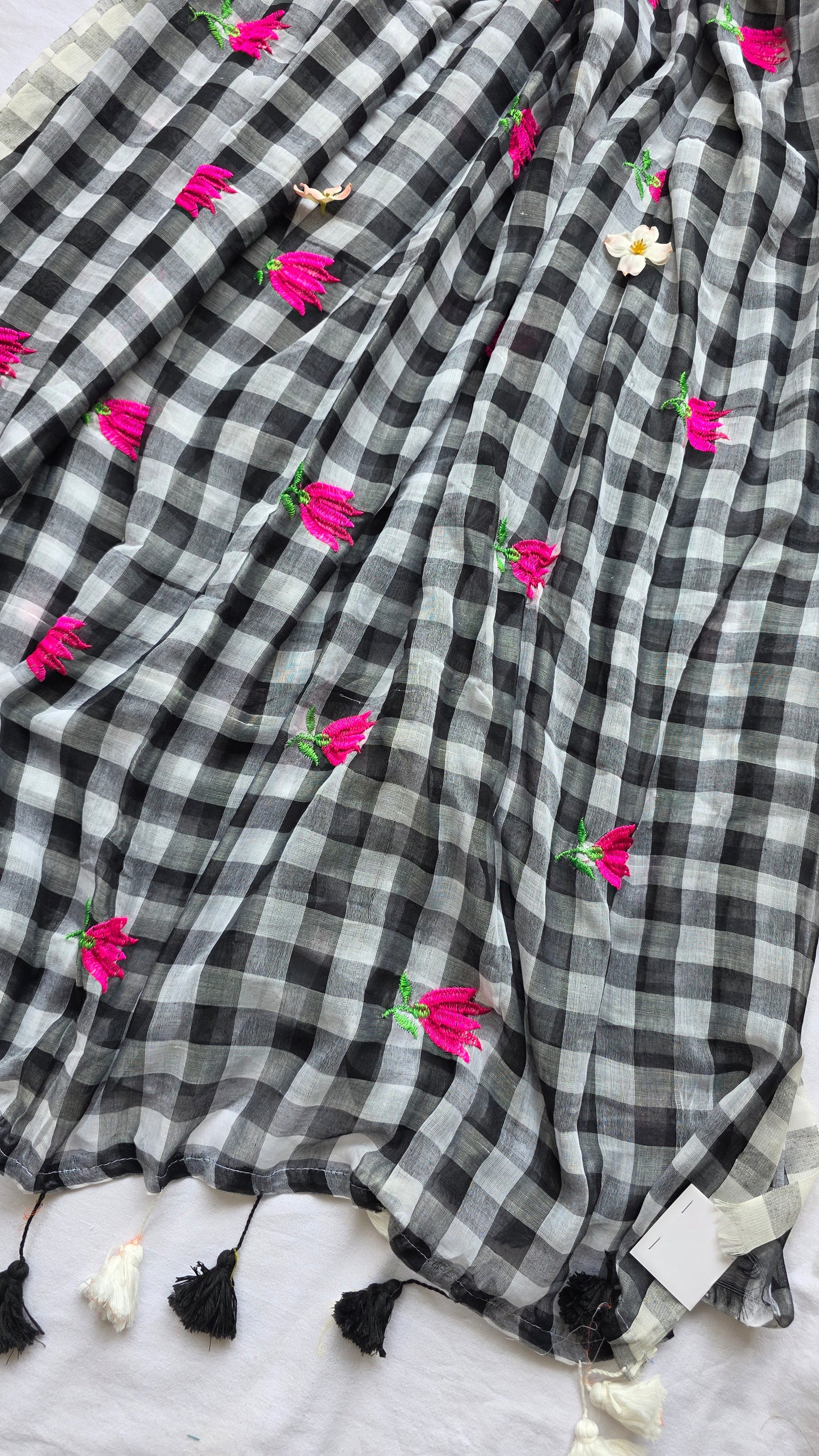 Black and white checks mulmul embroidery saree