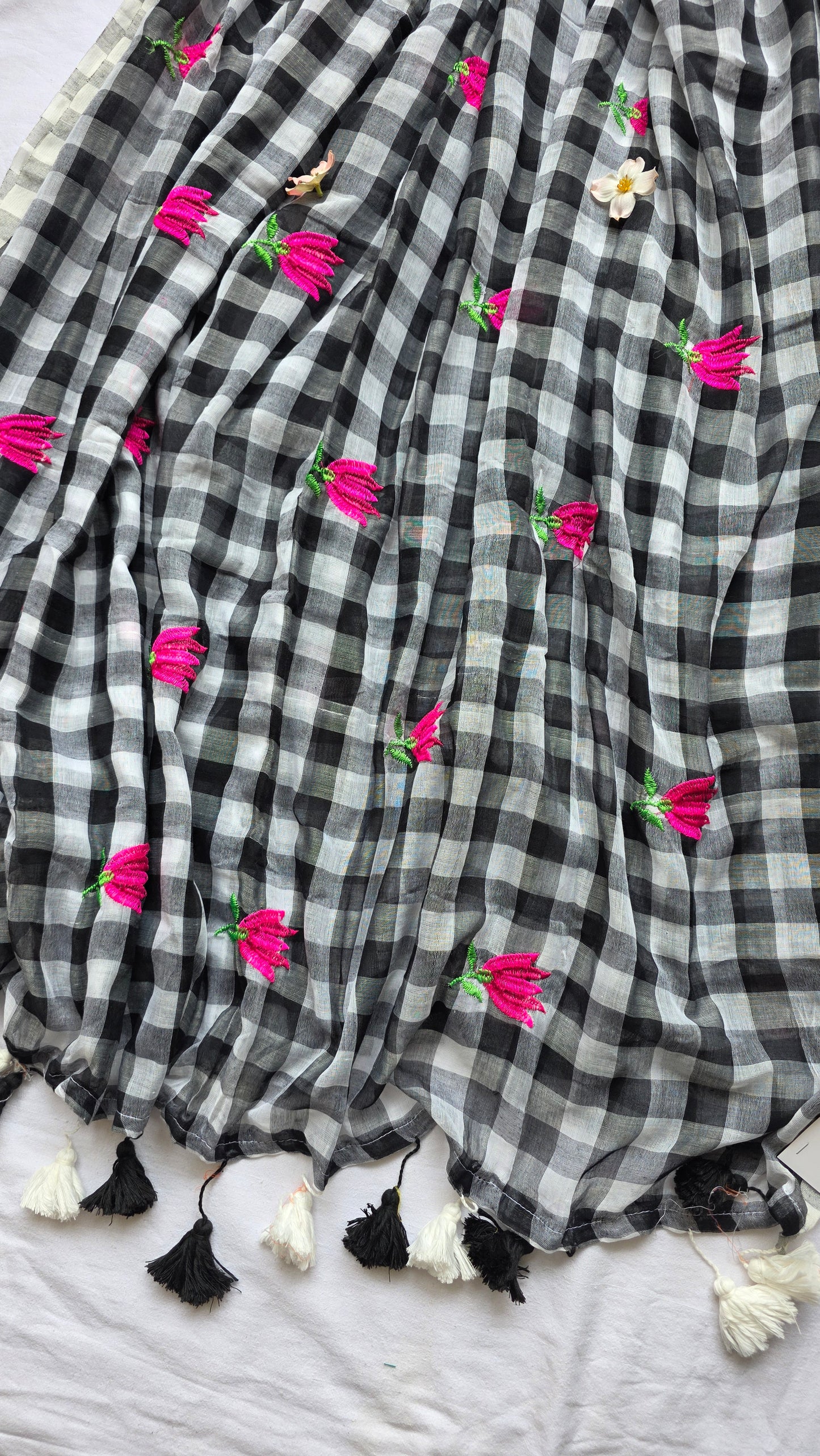 Black and white checks mulmul embroidery saree