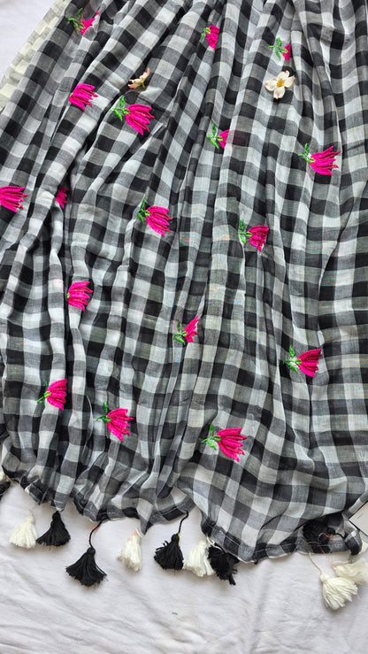 Black and white checks mulmul embroidery saree