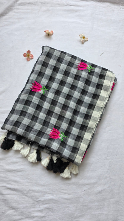 Black and white checks mulmul embroidery saree