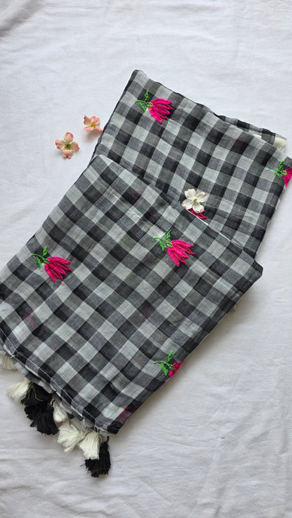 Black and white checks mulmul embroidery saree