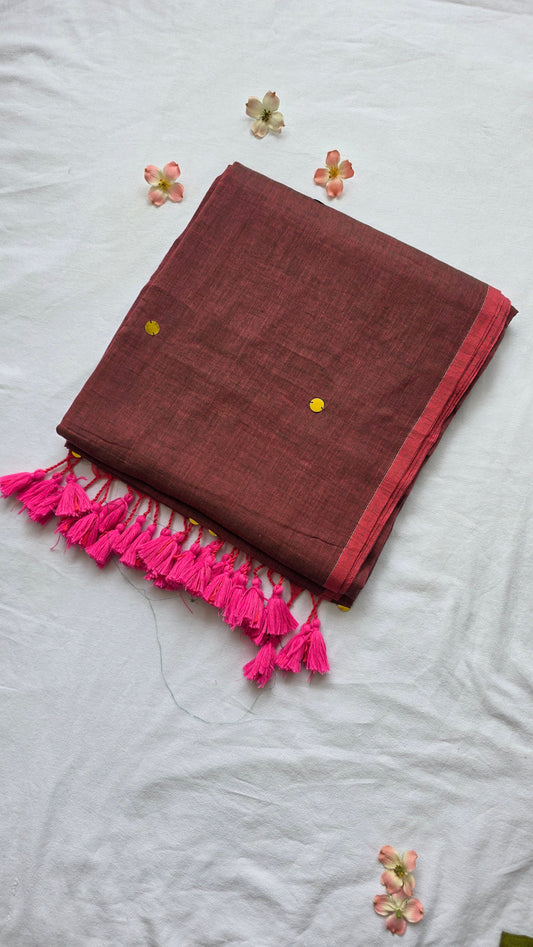 Tara Maroon Mulmul Sari with tassels