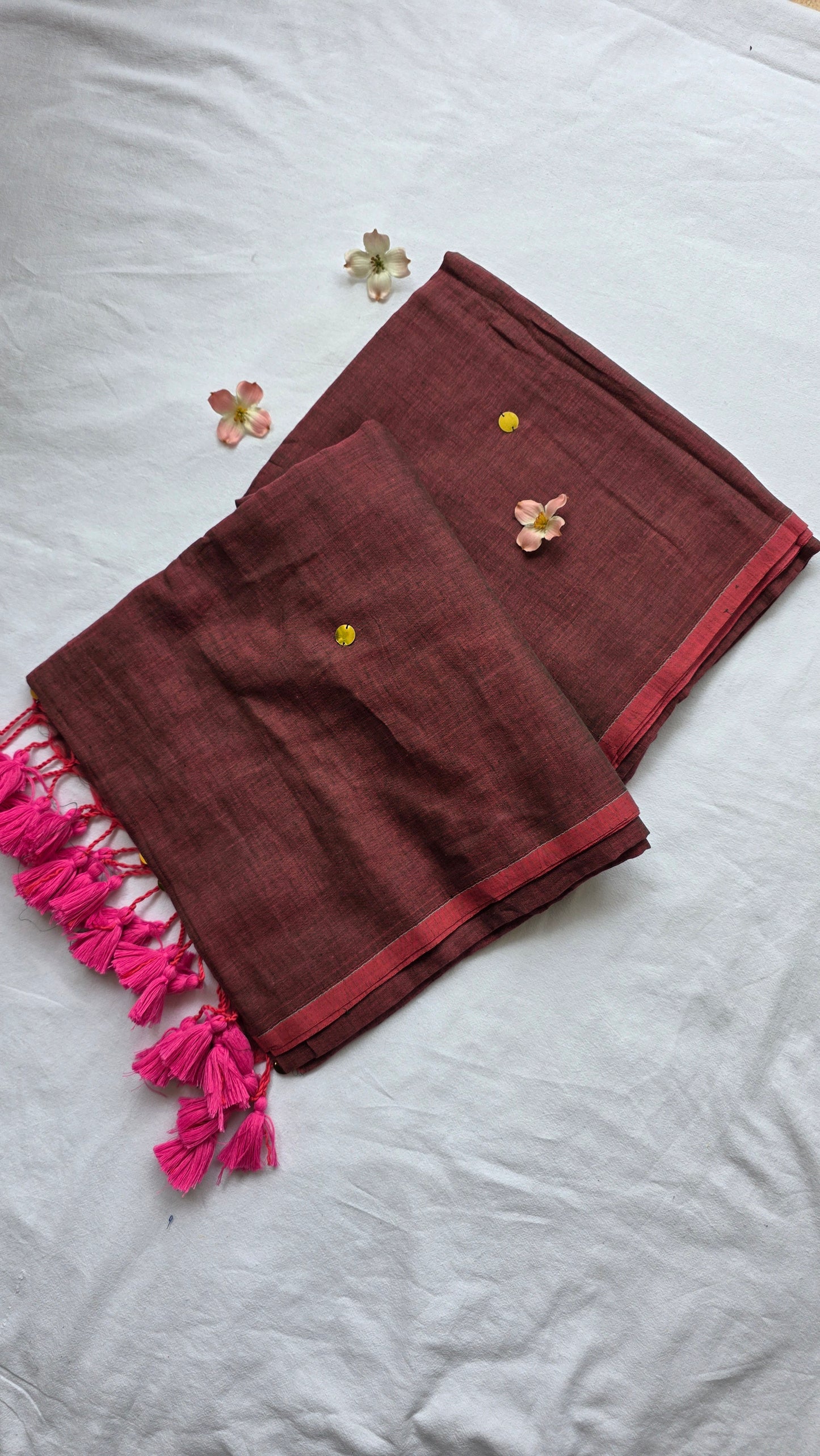 Tara Maroon Mulmul Sari with tassels