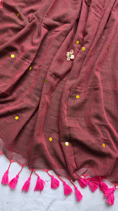 Tara Maroon Mulmul Sari with tassels