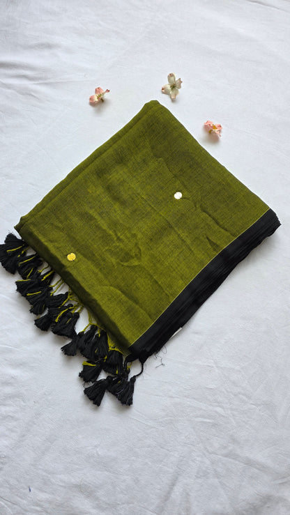 Tara green Mulmul Sari with tassels