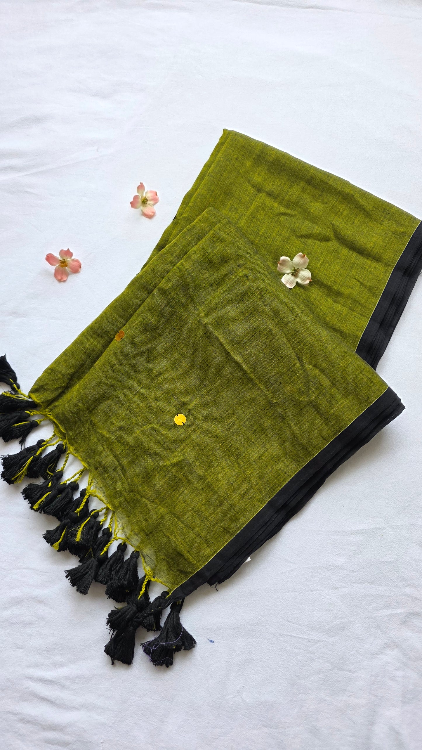 Tara green Mulmul Sari with tassels