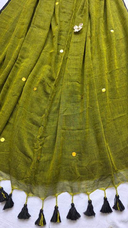 Tara green Mulmul Sari with tassels