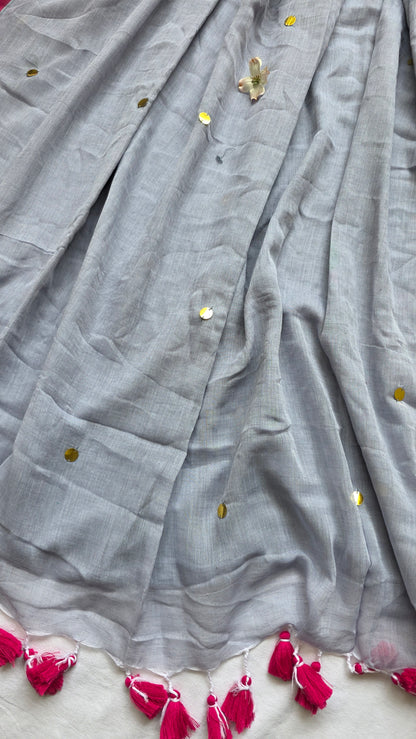 Tara grey Mulmul Sari with tassels