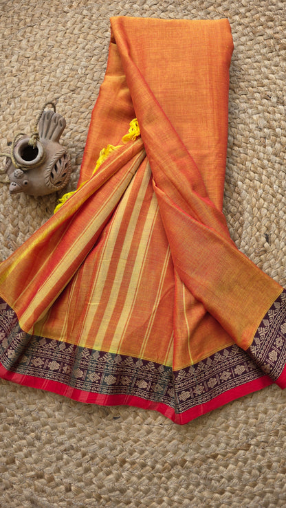 Two toned orange Pure Narayanpet cotton sari