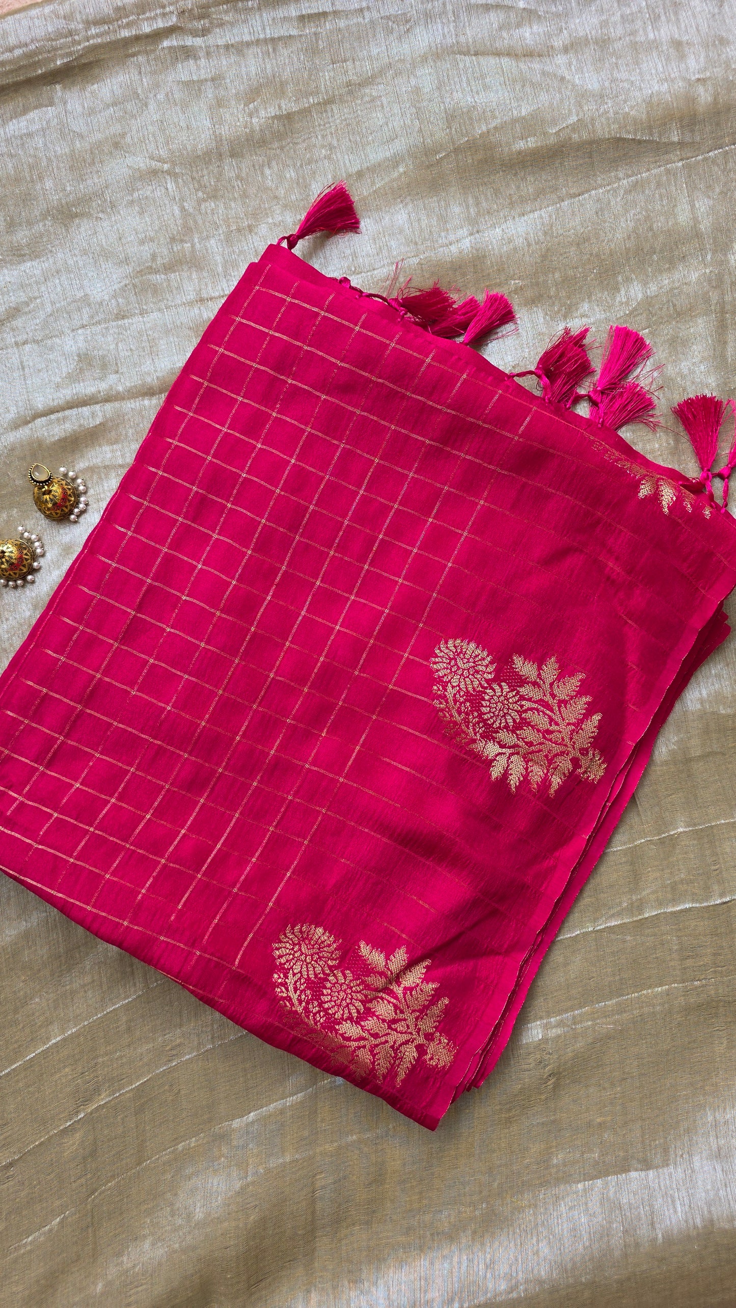 Pink Checks Tussar silk Saree