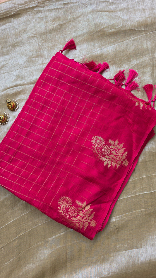 Pink Checks Tussar silk Saree