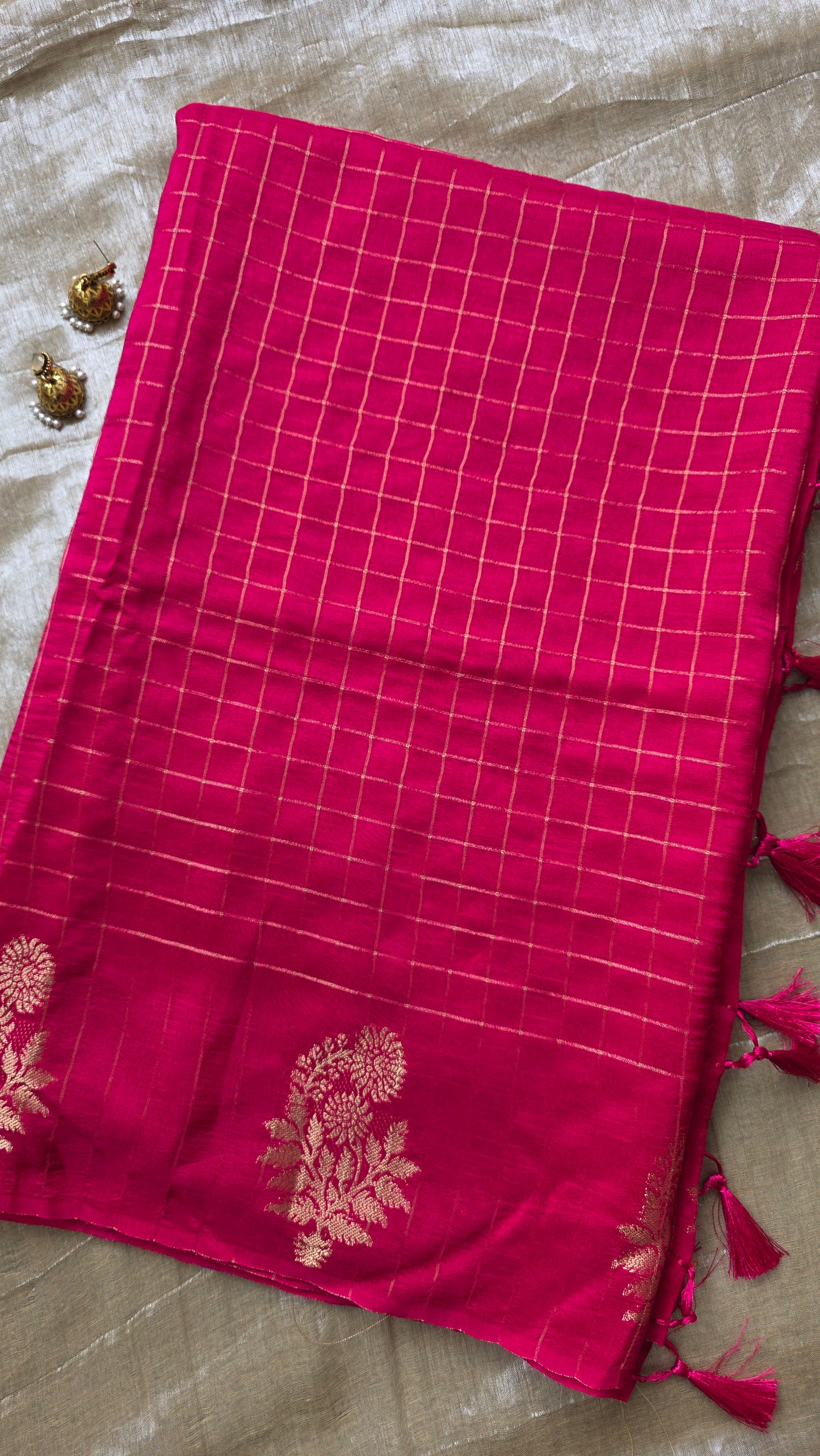 Pink Checks Tussar silk Saree