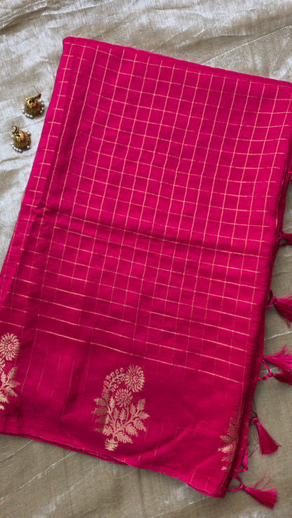 Pink Checks Tussar silk Saree