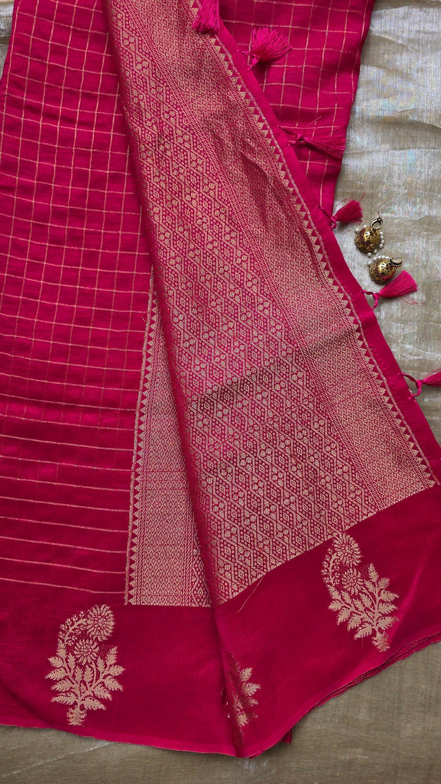 Pink Checks Tussar silk Saree