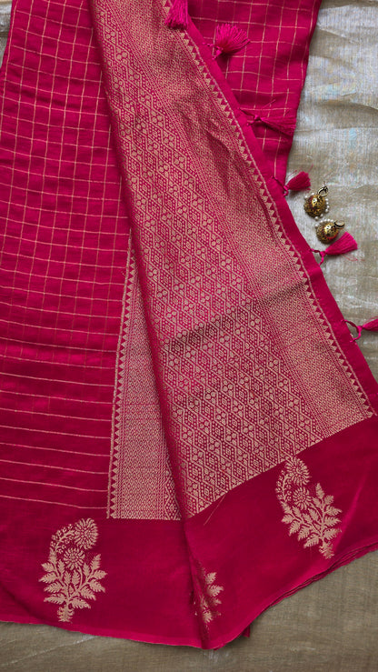 Pink Checks Tussar silk Saree