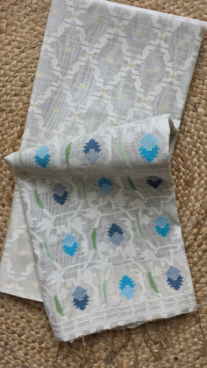 Mohini | Blue/off-white Cotton Silk Jamdani Saree